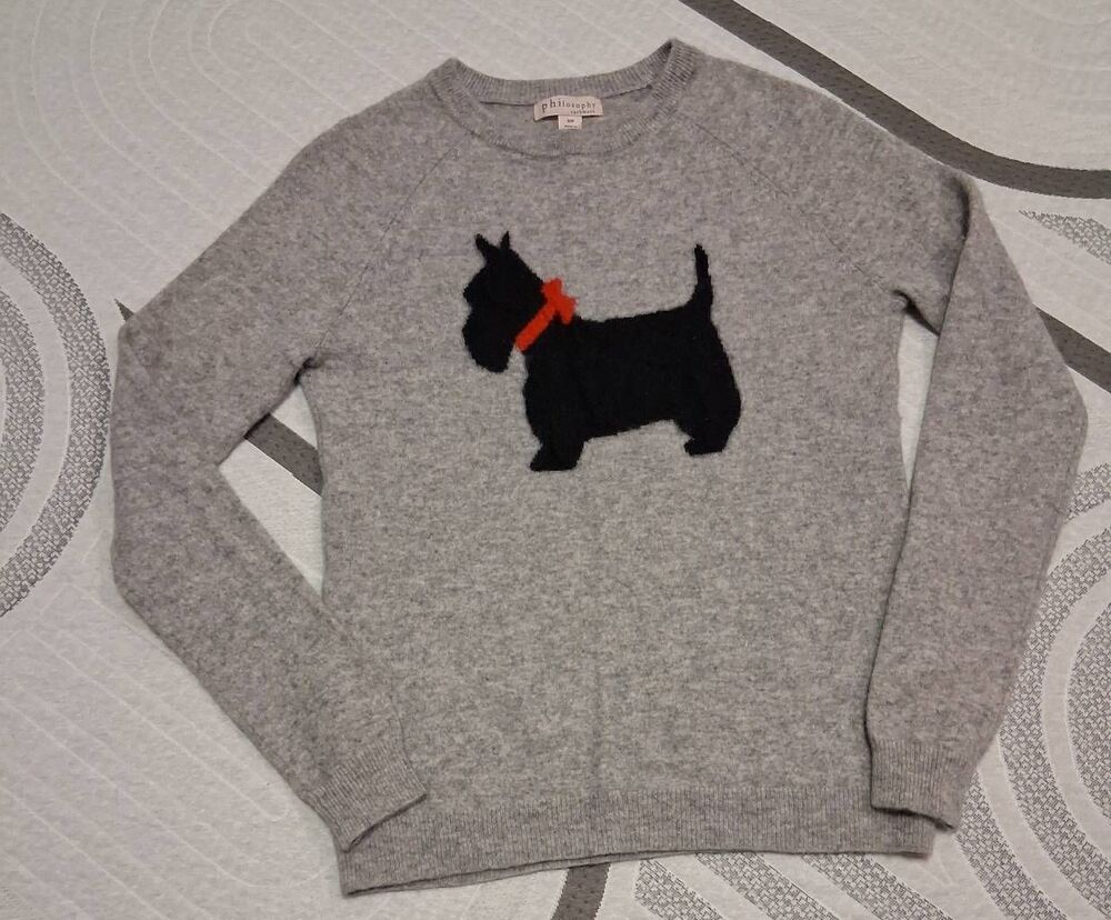Philosophy womens 100% cashmere sweater gray black scottie dog Scottish terrier